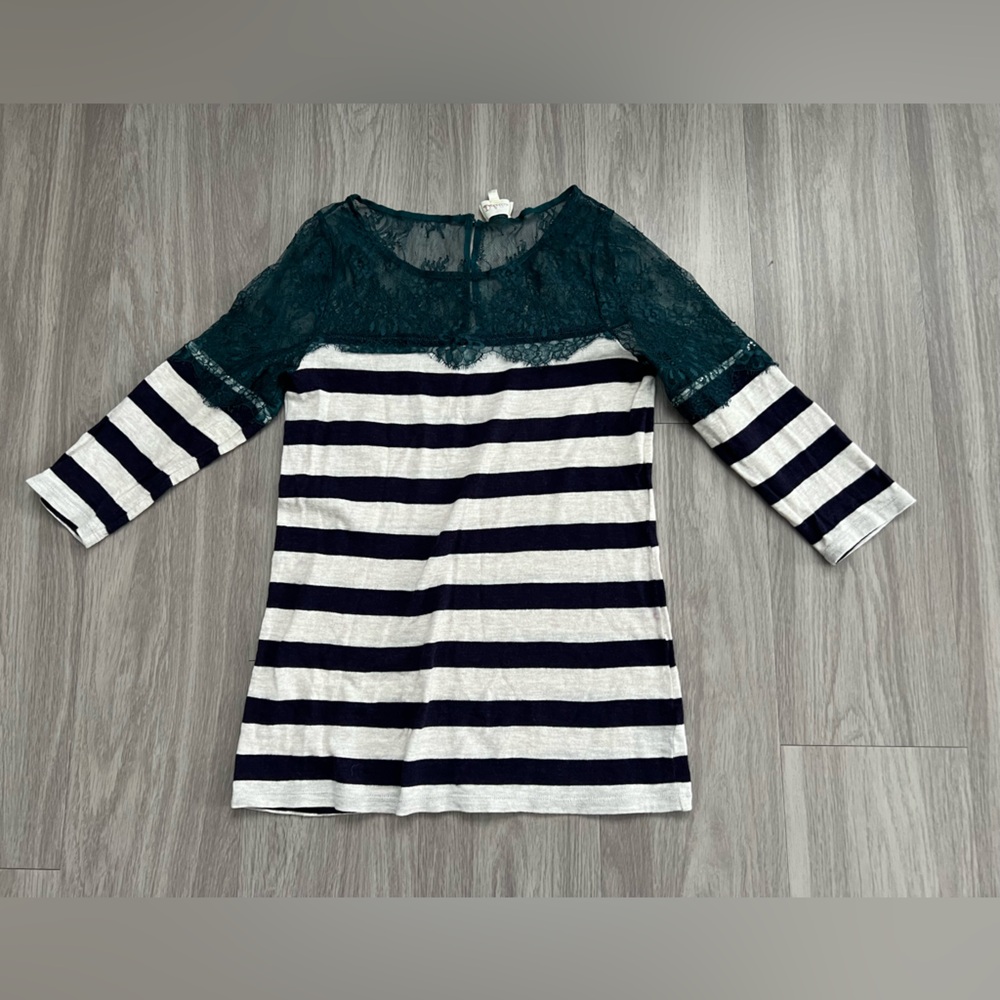 Deletta Women's Long Sleeve Top with Teal Lace and Navy Stripes